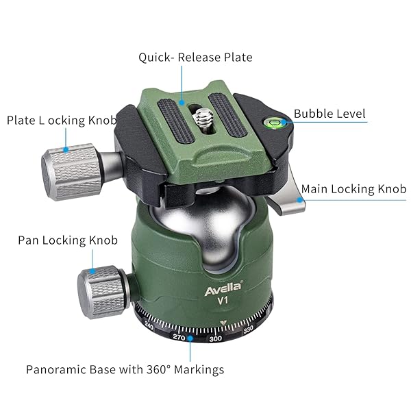 AVELLA Avella V1 DSLR Camera Tripod Ball Head 38MM, 360 Degree Swivel,U-Shaped Groove Design, for Canon Nikon Sony Olympus Panasonic DSLR Camera-Green - View 5 of 10