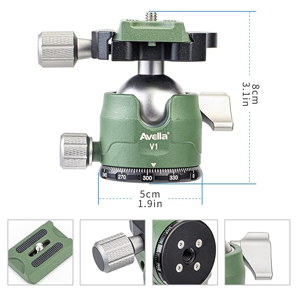 AVELLA Avella V1 DSLR Camera Tripod Ball Head 38MM, 360 Degree Swivel,U-Shaped Groove Design, for Canon Nikon Sony Olympus Panasonic DSLR Camera-Green - View 6 of 10
