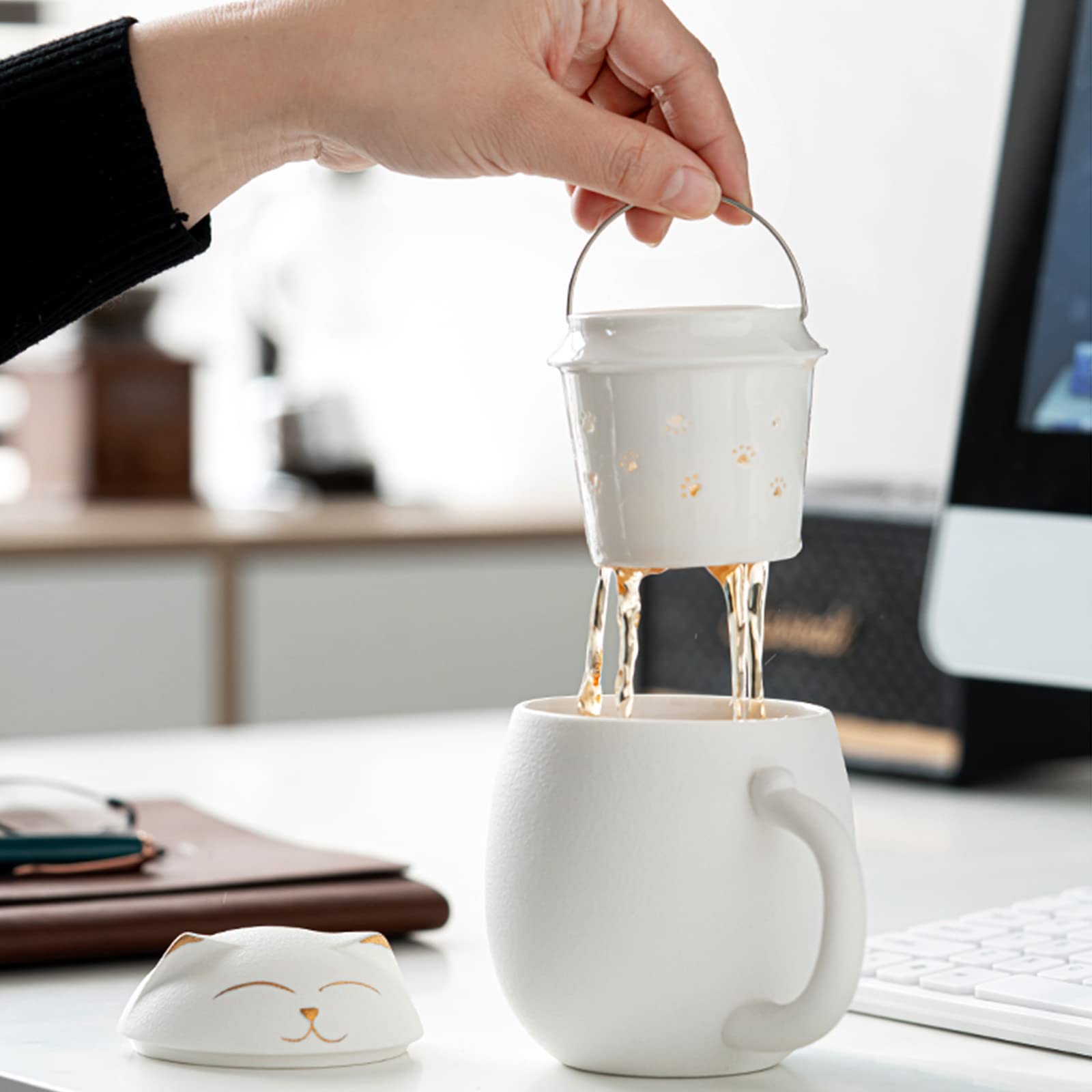 DUANMUL DUANMUL Cute Ceramic Cat Mug with Infuser and Lid for Loose Leaf Tea Coffee Christmas Gift Handmade Porcelain Teacup White - View 3 of 7