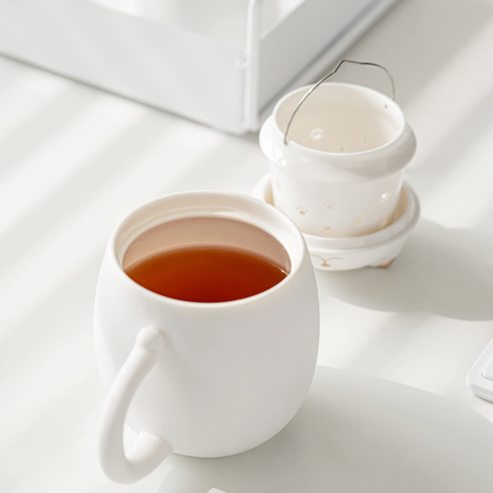 DUANMUL DUANMUL Cute Ceramic Cat Mug with Infuser and Lid for Loose Leaf Tea Coffee Christmas Gift Handmade Porcelain Teacup White - View 4 of 7