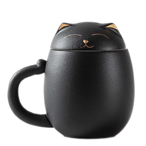 DUANMUL DUANMUL Cute Cat Mug Ceramic Coffee Cup with Infuser Lid for Loose Leaf Tea Kawaii Coaster Novelty Porcelain Teacup Black