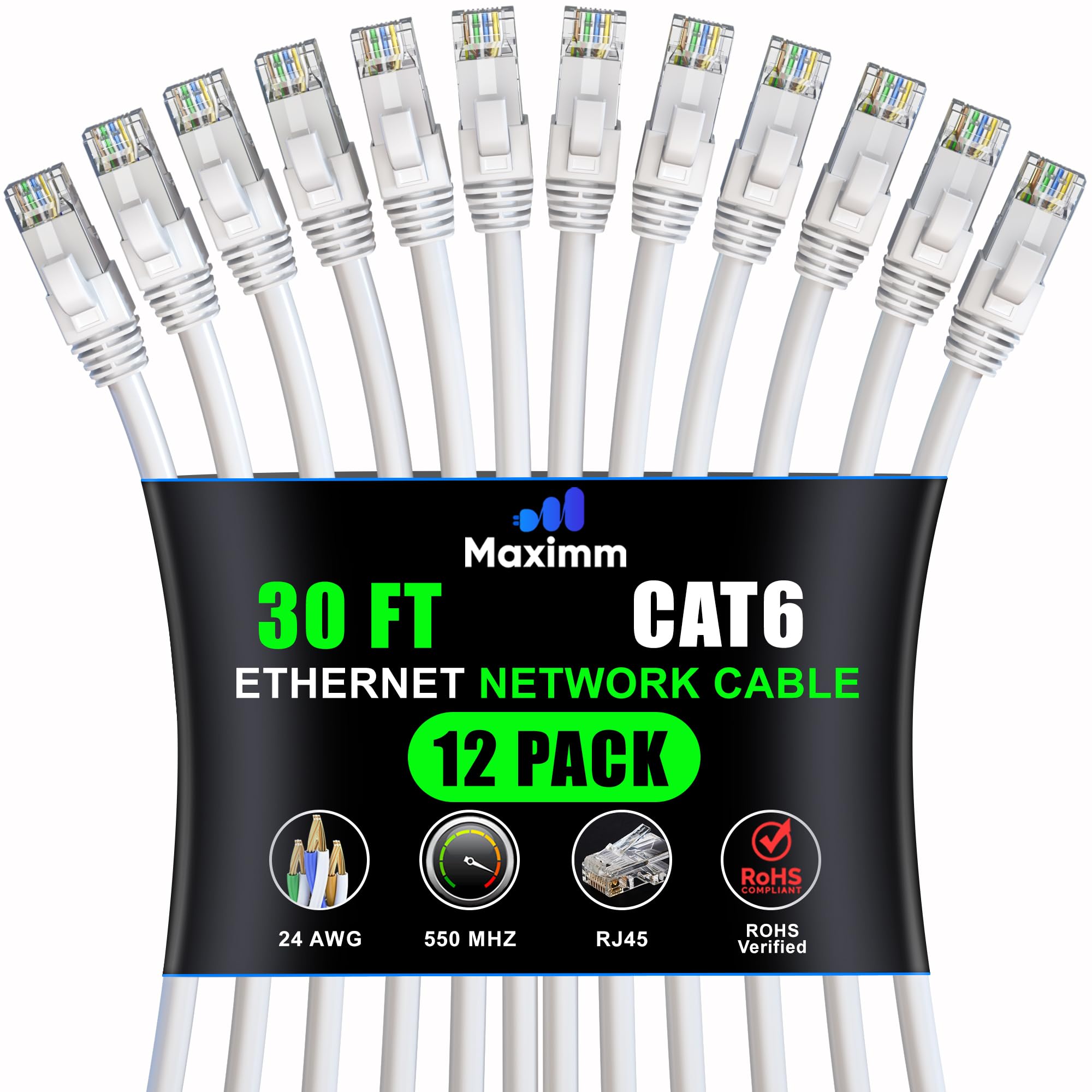 Maximm Cat 6 Ethernet Cable 30ft (12-Pack) - High-Speed 10Gbps LAN & Network Cables - UTP, 550MHz, White