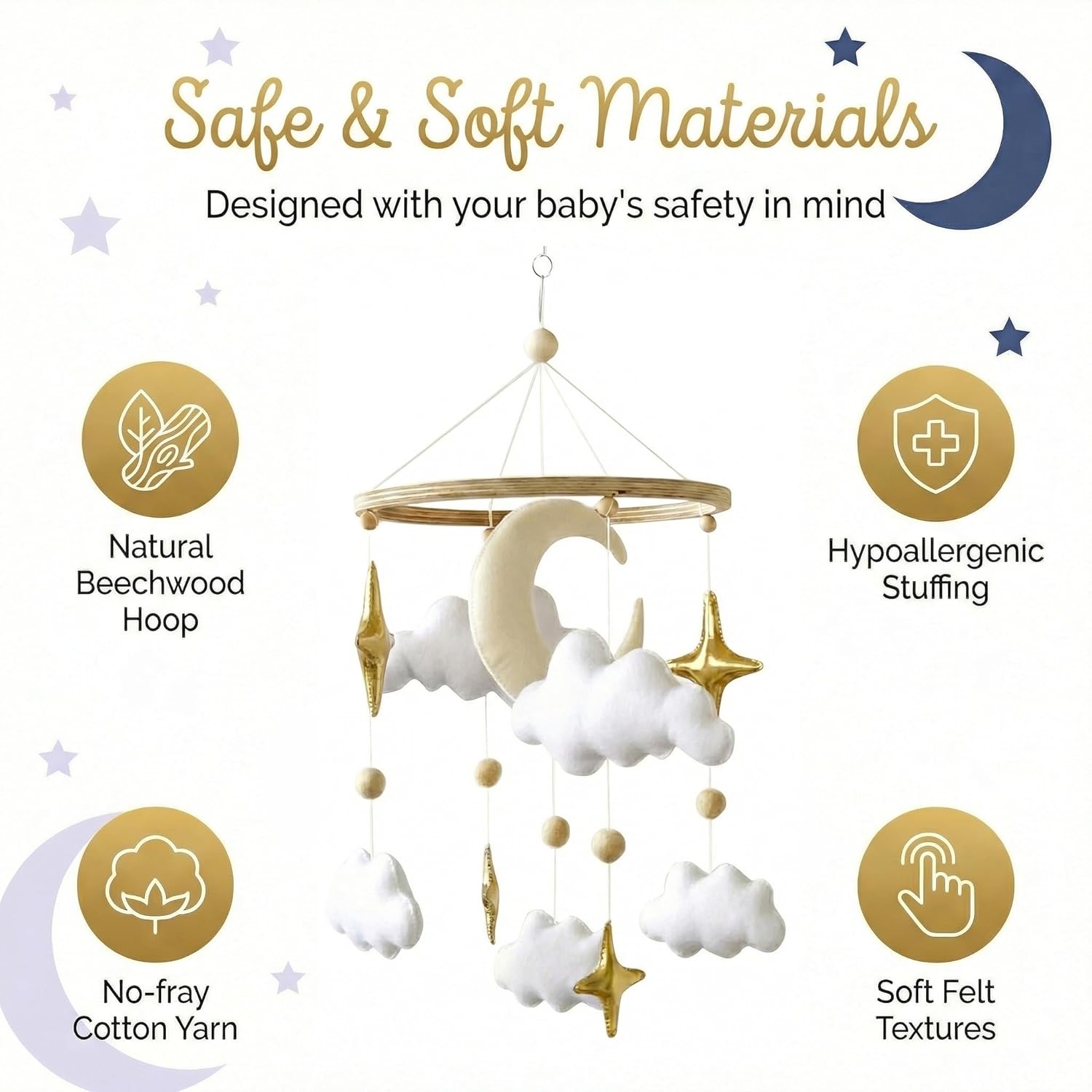 emmnnic Emmnnic Handmade Modern Boho Baby Mobile for Crib Gender Neutral Gold Moon and Stars Nursery Decorations - View 2 of 9