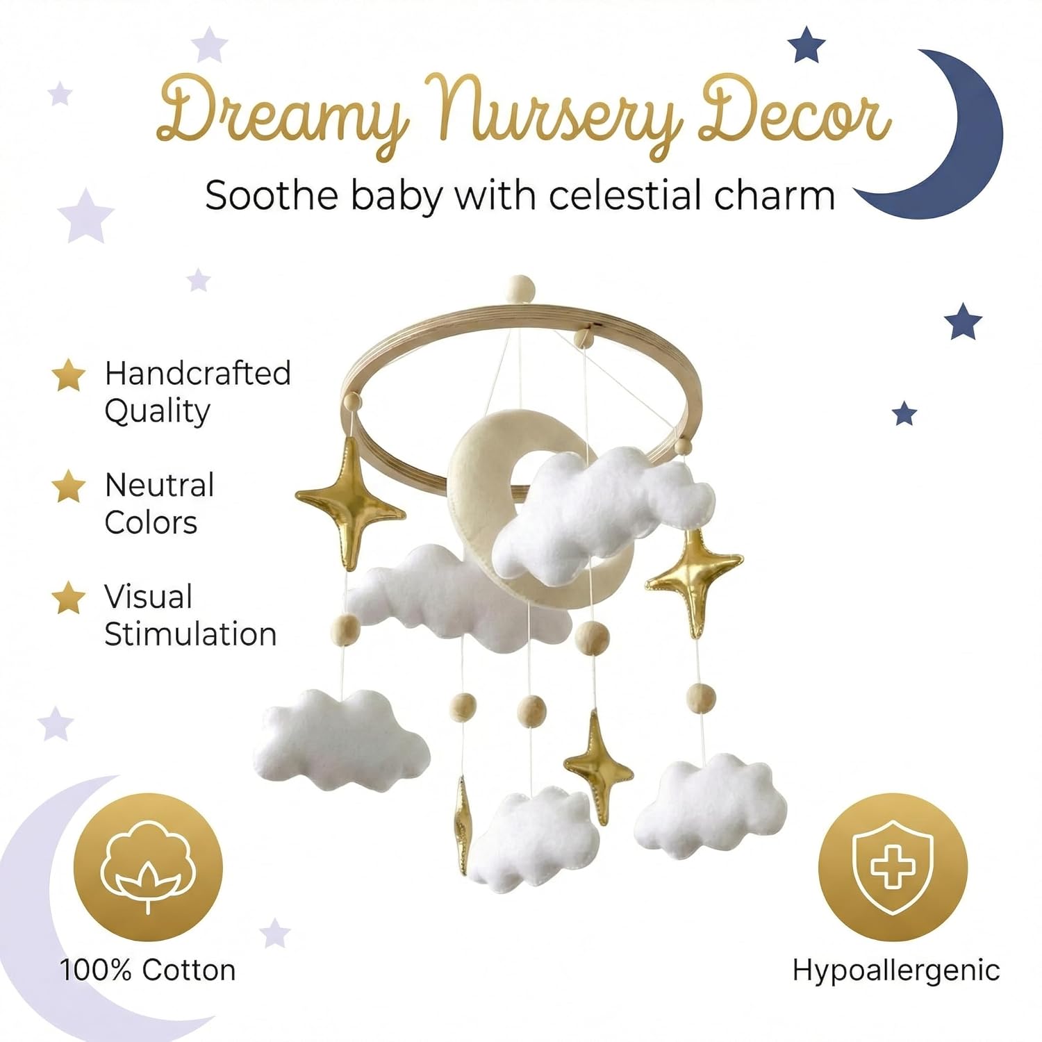 emmnnic Emmnnic Handmade Modern Boho Baby Mobile for Crib Gender Neutral Gold Moon and Stars Nursery Decorations - View 5 of 9