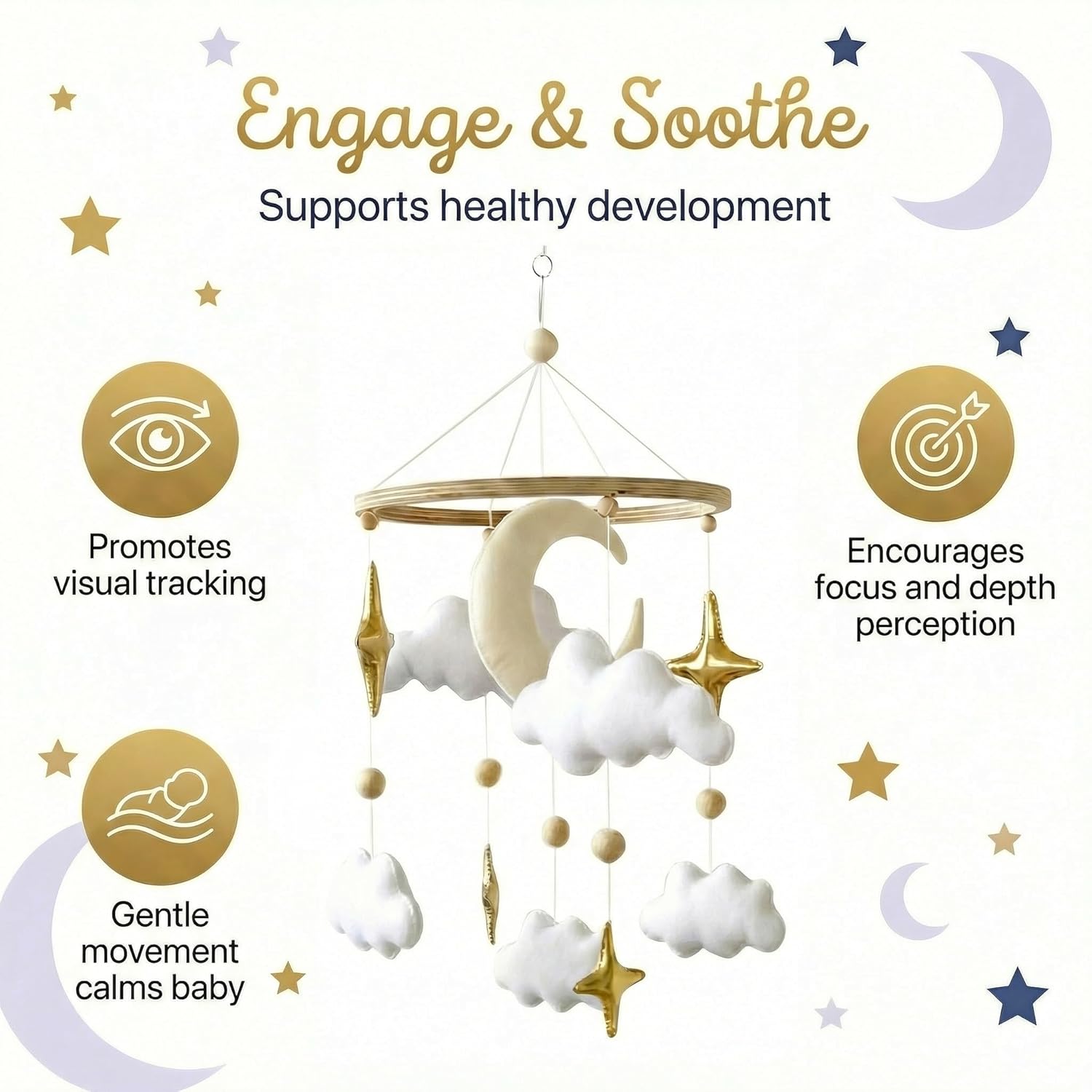 emmnnic Emmnnic Handmade Modern Boho Baby Mobile for Crib Gender Neutral Gold Moon and Stars Nursery Decorations - View 6 of 9