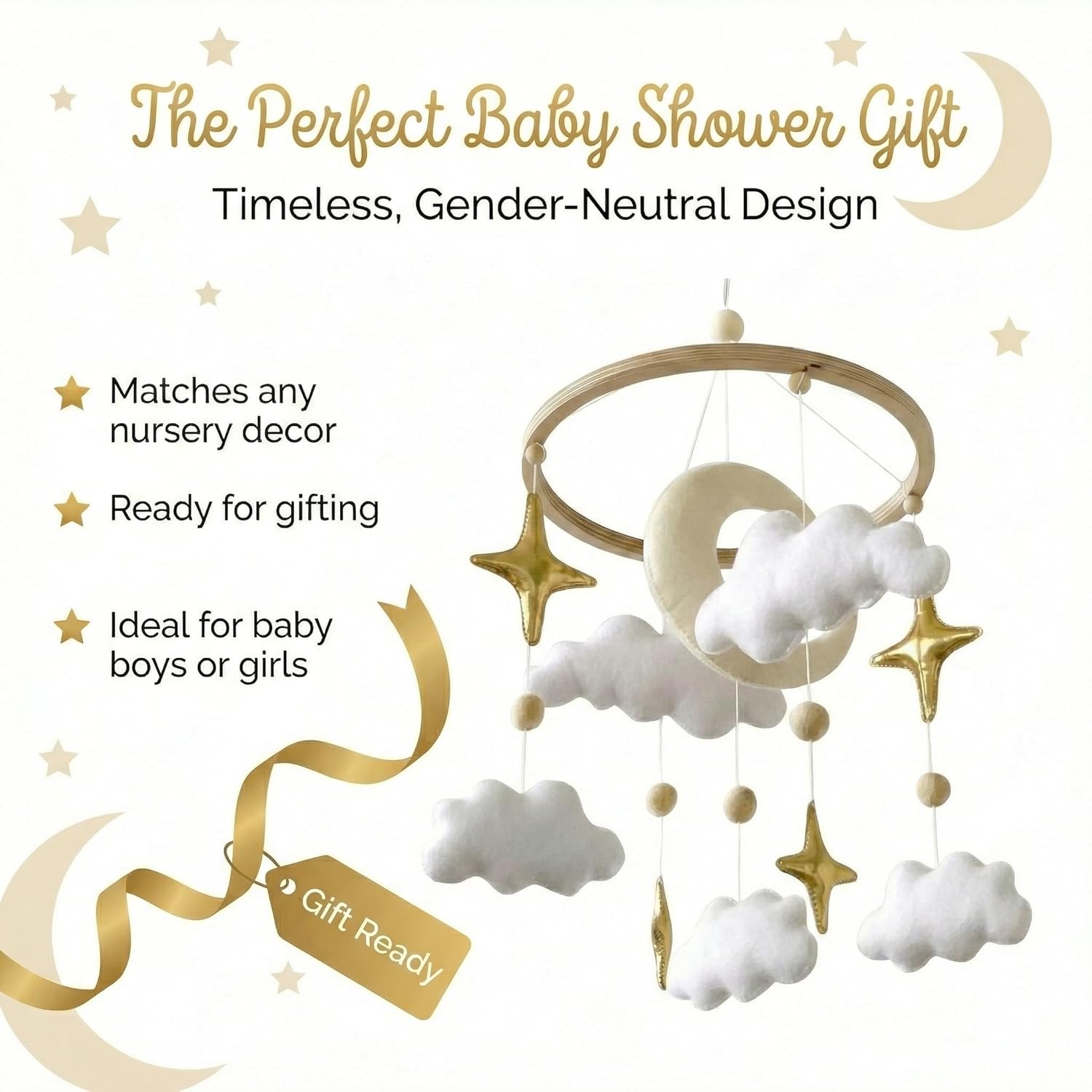 emmnnic Emmnnic Handmade Modern Boho Baby Mobile for Crib Gender Neutral Gold Moon and Stars Nursery Decorations - View 7 of 9