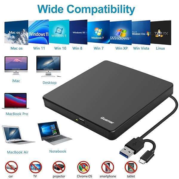 Guamar Guamar External CD/DVD Drive: Portable USB C CD Burner & Disk Reader for Laptop, PC, Mac, Windows, Linux with SD & 2 USB Ports - View 7 of 9