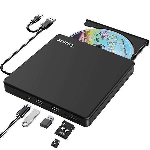 Guamar Guamar External CD/DVD Drive: Portable USB C CD Burner & Disk Reader for Laptop, PC, Mac, Windows, Linux with SD & 2 USB Ports - View 2 of 9