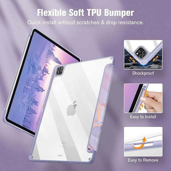 FINTIE "Fintie Hybrid Slim Case for iPad Pro 12.9" 6th Gen - Shockproof Cover with Clear Back, Fits 5th/4th/3rd Gen - Lilac Marble" - View 5 of 10