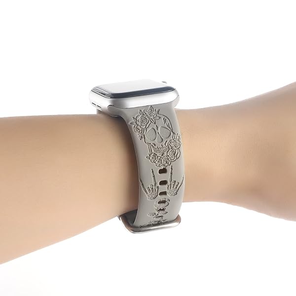REALSIGN Spooky Halloween Floral Engraved Silicone Bands for Apple Watch 38mm 40mm 41mm - Skull Pattern Sport Straps for Men & Women - View 7 of 8