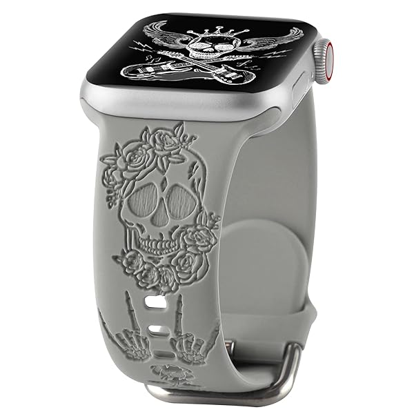 Spooky Halloween Floral Engraved Silicone Bands for Apple Watch 38mm 40mm 41mm - Skull Pattern Sport Straps for Men & Women