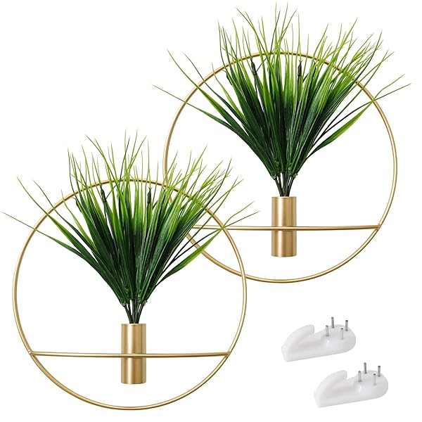SAJANDAS SAJANDAS Set of 2 Wall-Mounted Artificial Plants with Gold Metal Hoop - Modern Home Decor for Bedroom & Living Room