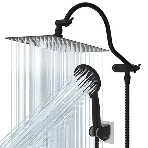 Hibbent Upgrade Your Shower: Hibbent 10-Inch Rainfall Shower Head & Handheld Combo with 12-Inch Extension Arm - Matte Black