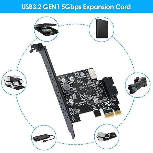 BEYIMEI BEYIMEI PCI-E 1X to USB 3.2 Gen 1 Expansion Card - 20-Pin Front Panel Header & Type-C Connector - View 6 of 9