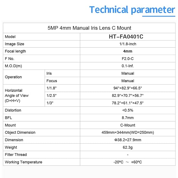 HTENG VISHI "FA 4mm Machine Vision C-Mount Lens for 1/1.8" Industrial Cameras - Fixed Focus Optics" - View 5 of 10