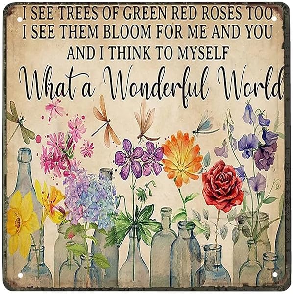 Xiddxu Xiddxu Vintage Tin Sign Decor What a Wonderful World Trees Green Red Roses Flowers Aluminum Wall Art for Home Coffee Dining Room 12x12 Inch