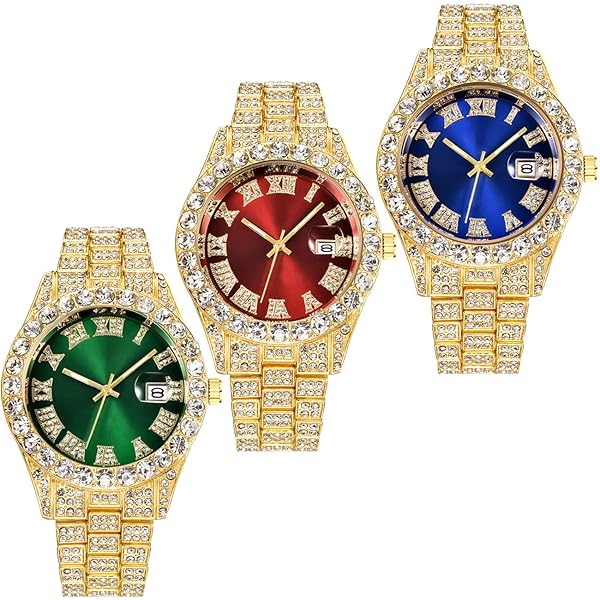 CdyBox CdyBox 3 Pack Men Hip Hop Watches with Roman Scale Calendar and Crystal Rhinestone Stainless Steel Iced-Out Design