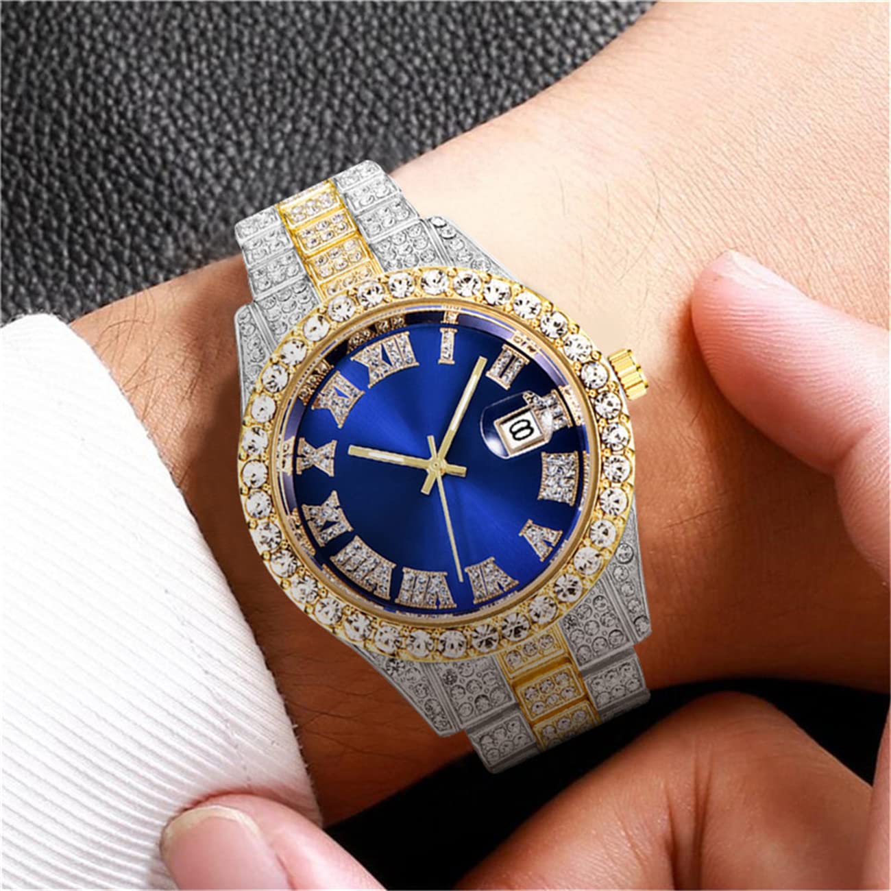 CdyBox CdyBox Men Hip Hop Watch Roman Scale Calendar Crystal Rhinestone Stainless Steel Iced-Out Wrist Watch Blue - View 2 of 9