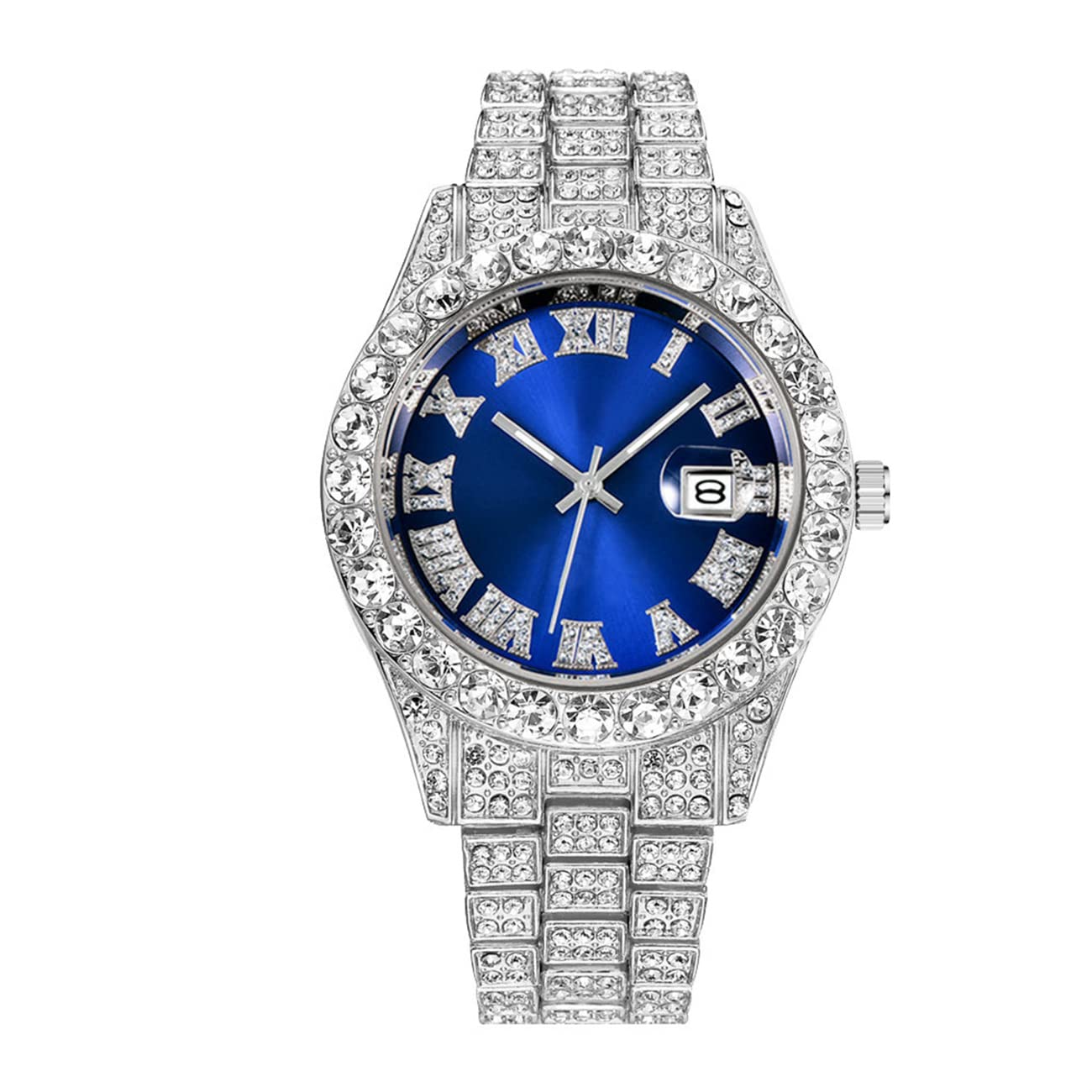CdyBox CdyBox Men Hip Hop Watch Roman Scale Calendar Crystal Rhinestone Stainless Steel Iced-Out Wrist Watch Blue - View 6 of 9