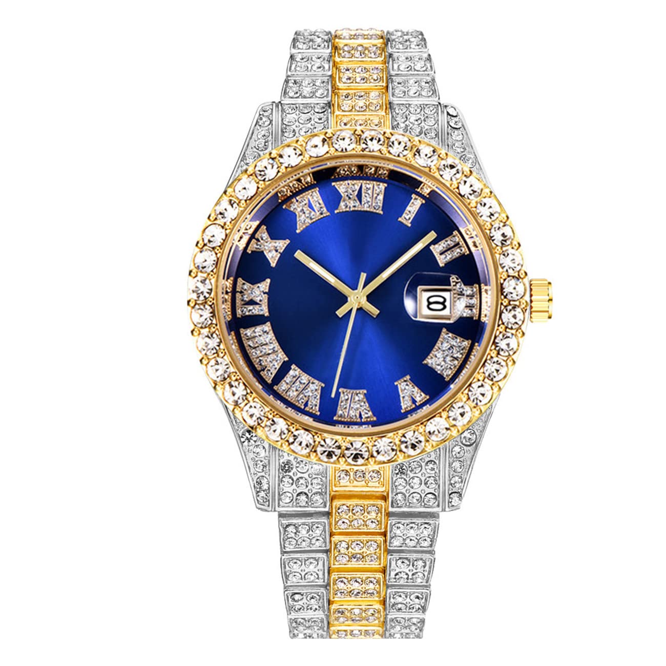 CdyBox CdyBox Men Hip Hop Watch Roman Scale Calendar Crystal Rhinestone Stainless Steel Iced-Out Wrist Watch Blue