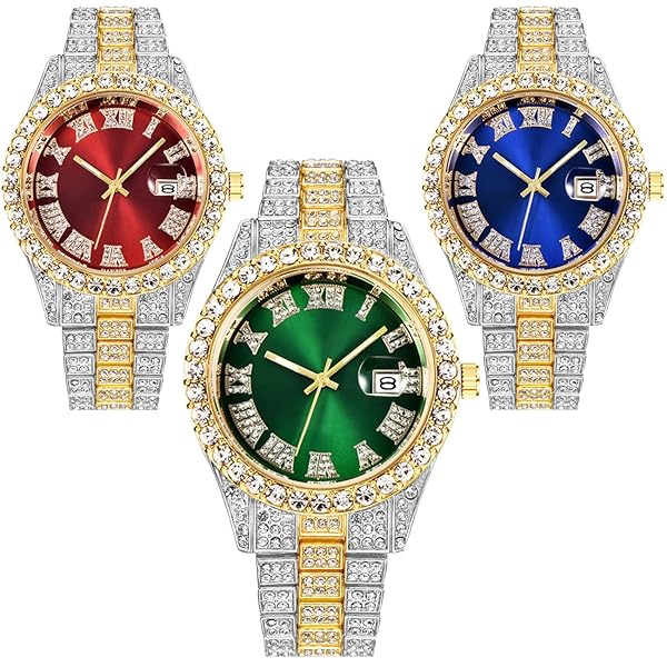 CdyBox CdyBox 3 Pack Luxury Men Hip Hop Watches with Roman Scale Calendar and Diamond Stainless Steel Design