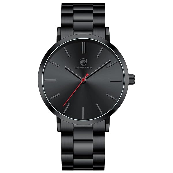 GOLDEN HOUR GOLDEN HOUR Men's Slim Minimalist Black Stainless Steel Quartz Watch with Red Hand for Stylish Runway Look