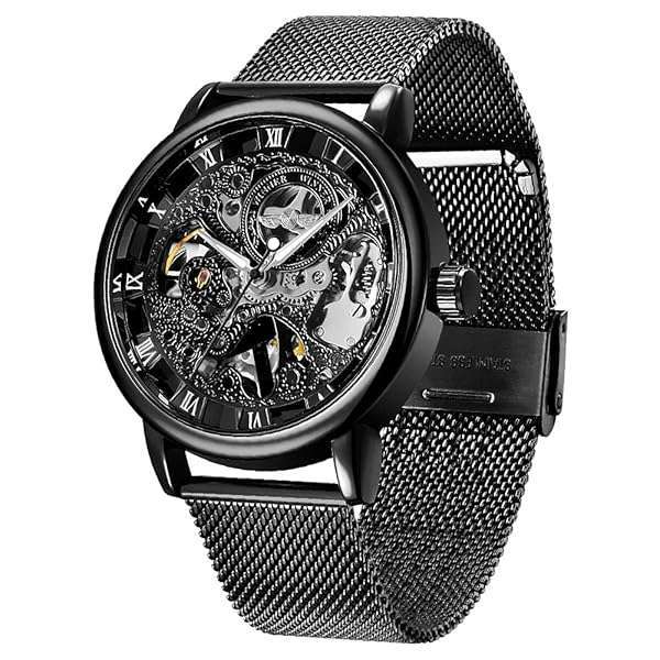 Whodoit Men's Skeleton Watch: Hand-Wind Mechanical, Stainless Steel Mesh Strap Design