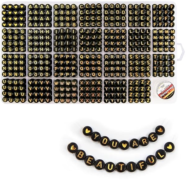 Eppingwin Eppingwin Gold Letter Alphabet Beads 28 Grid Box Round 4x7mm Black Base Ideal for Crafts and Jewelry Making