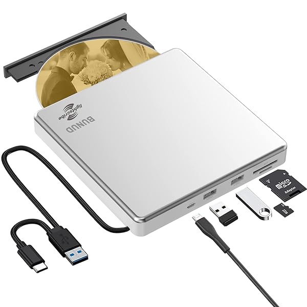 BUNUD Portable LightScribe CD/DVD Drive: External Burner for Laptop, Mac, PC & Windows 11/10 - Fast Optical Disk Reader