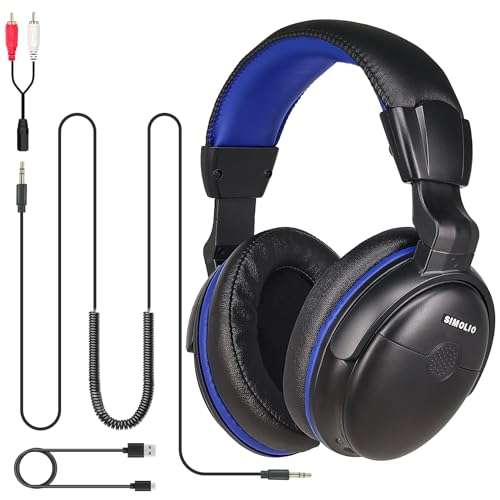 SIMOLIO 18ft Wired Headphones for TV: Amplified Sound, Clear Dialogue & Volume Control for Seniors - 40 Hours Playtime