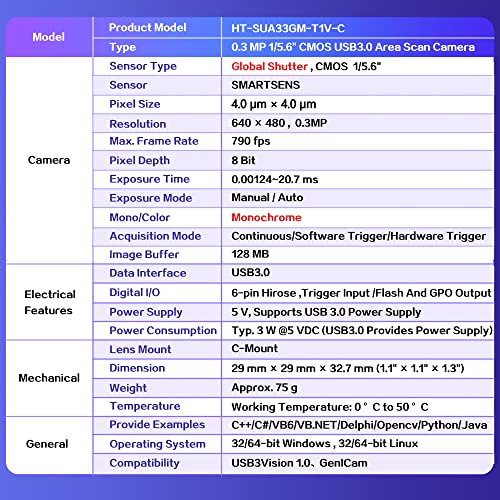 HTENG VISHI HTENG VISHI High Speed USB3.0 0.3MP Machine Vision Camera C-Mount 640x480 790FPS for Windows and Linux Industrial Use - View 5 of 11