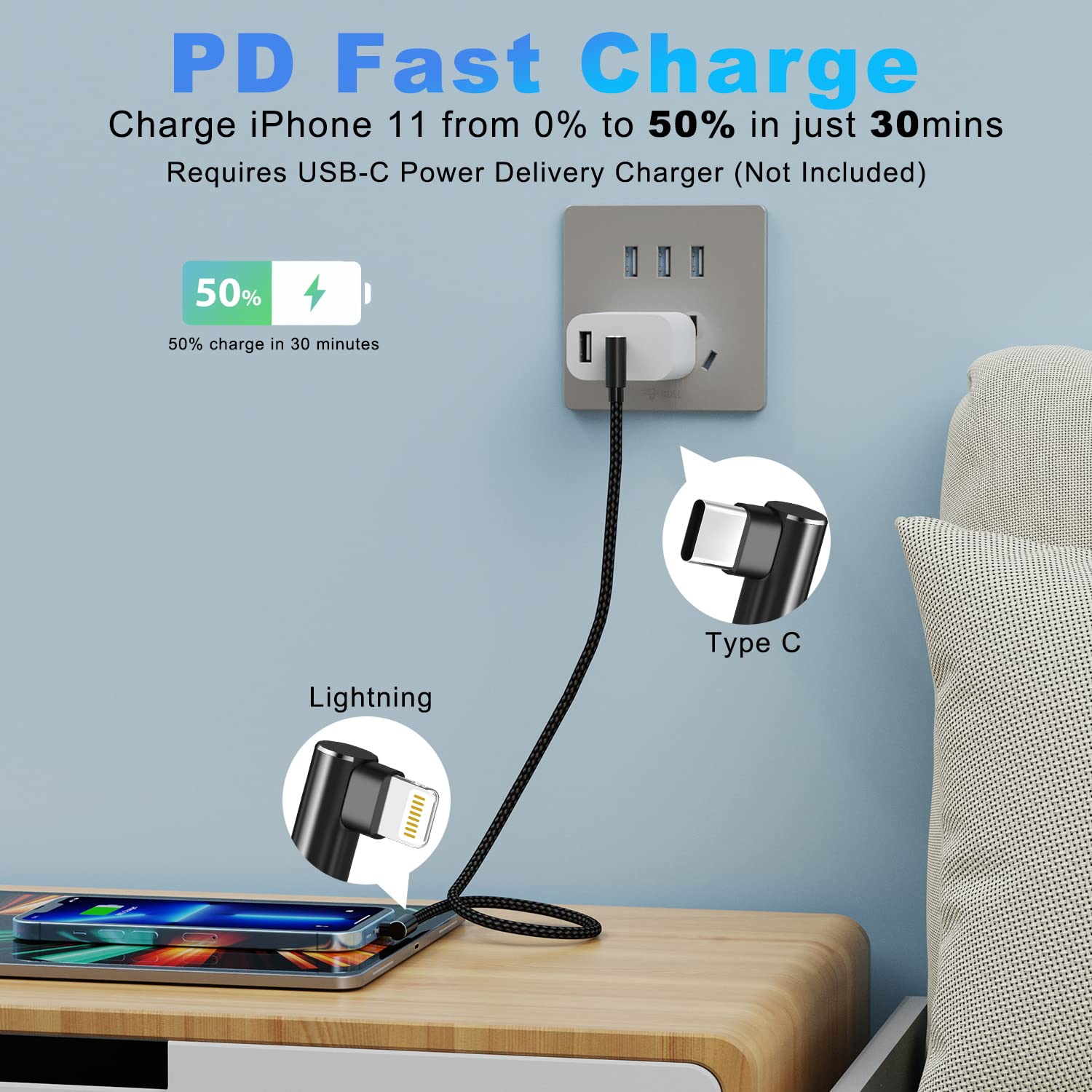 USB C to Lightning Cable 3ft MFi Certified 3 Pack Right Angle Fast Charging Cable for iPhone 13 12 11 Pro X XS XR 8 Plus 7 6 5 Black - View 2 of 9