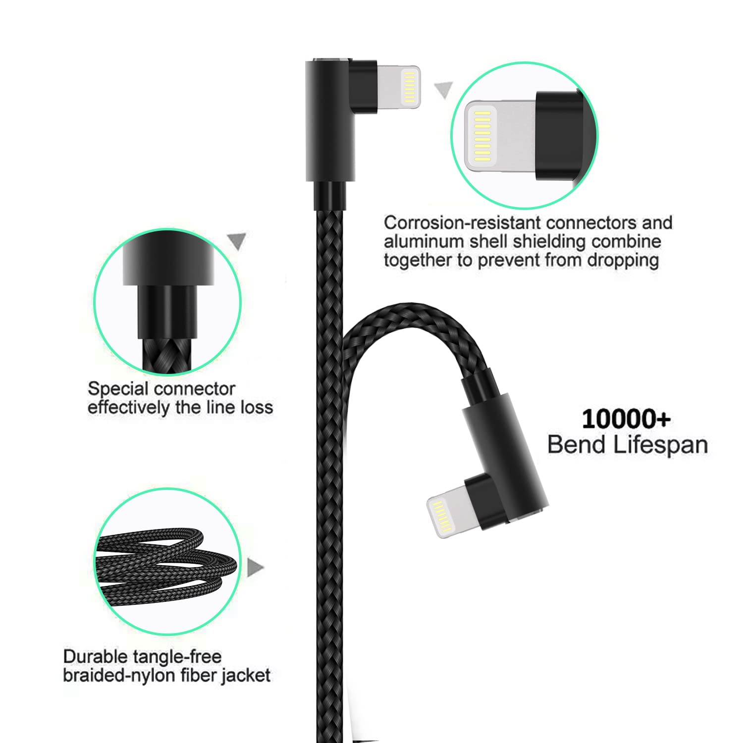 USB C to Lightning Cable 3ft MFi Certified 3 Pack Right Angle Fast Charging Cable for iPhone 13 12 11 Pro X XS XR 8 Plus 7 6 5 Black - View 3 of 9