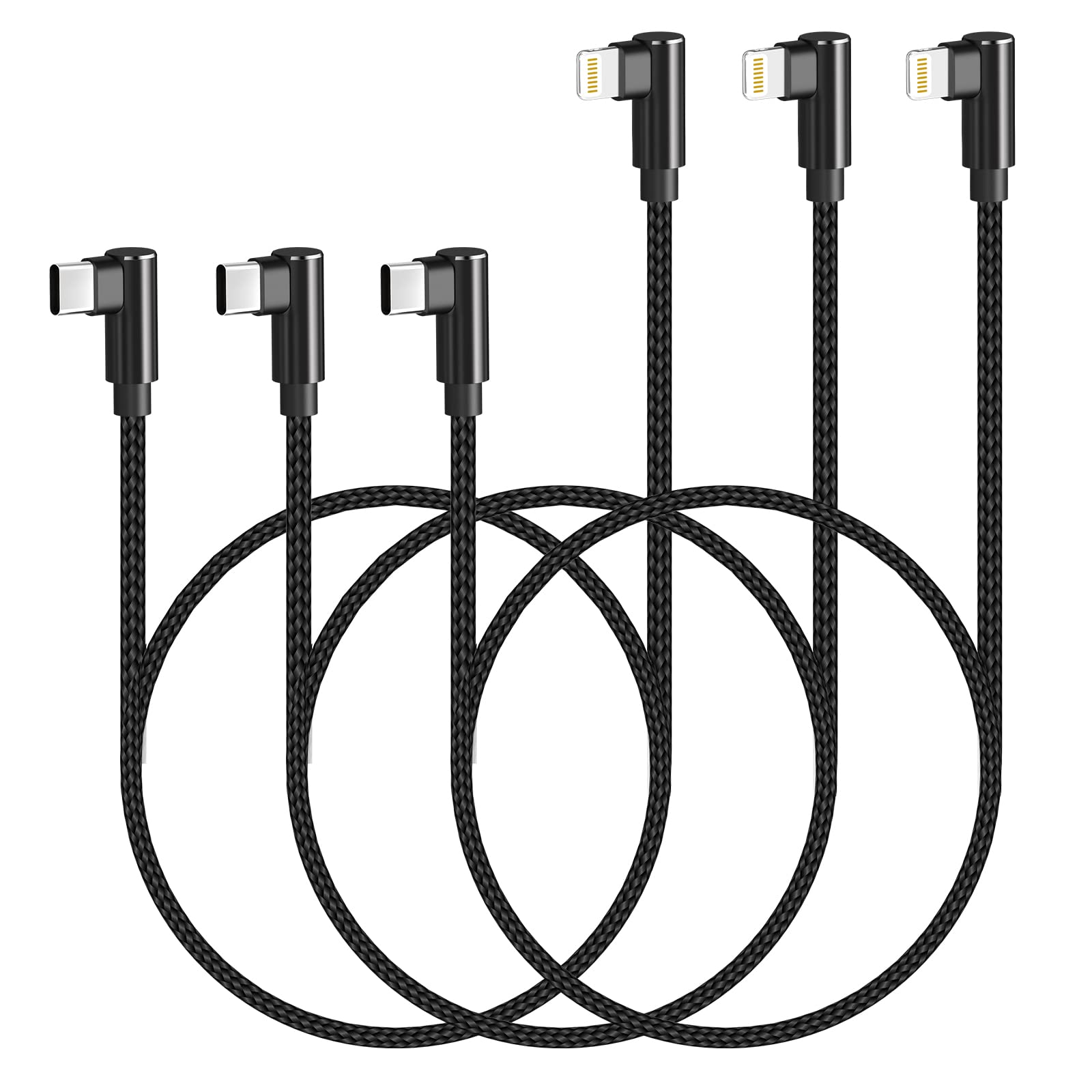 USB C to Lightning Cable 3ft MFi Certified 3 Pack Right Angle Fast Charging Cable for iPhone 13 12 11 Pro X XS XR 8 Plus 7 6 5 Black