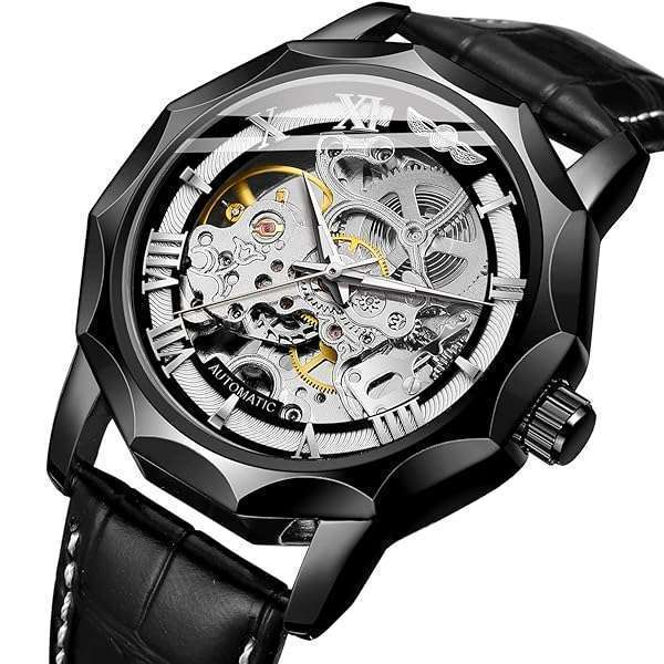 FORSINING FOR SINING Men's Automatic Skeleton Watch - Dodecagon Tourbillon with Leather Band (Black) - View 2 of 6