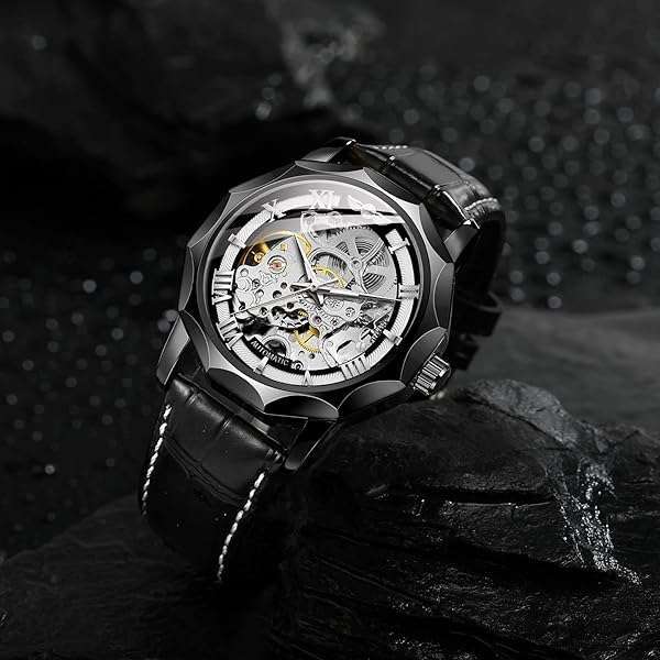 FORSINING FOR SINING Men's Automatic Skeleton Watch - Dodecagon Tourbillon with Leather Band (Black) - View 4 of 6