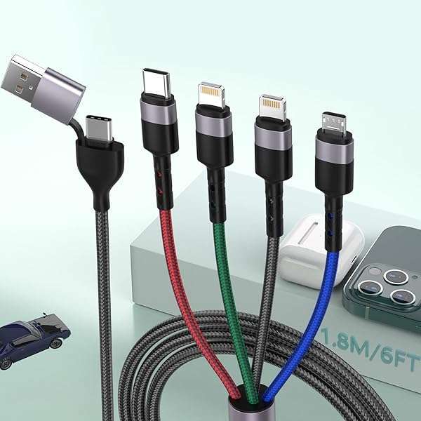 MTAKYI 6-in-1 Universal 1.8M Charging Cable: USB A, Type C, Lightning & Micro USB for iPhone, Android, Samsung & More