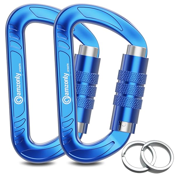 Amzonly Heavy Duty 3-Inch Auto Locking Carabiner Clips - 12KN Lightweight Keychain for Camping, Hiking, Dog Leash & More - Blue