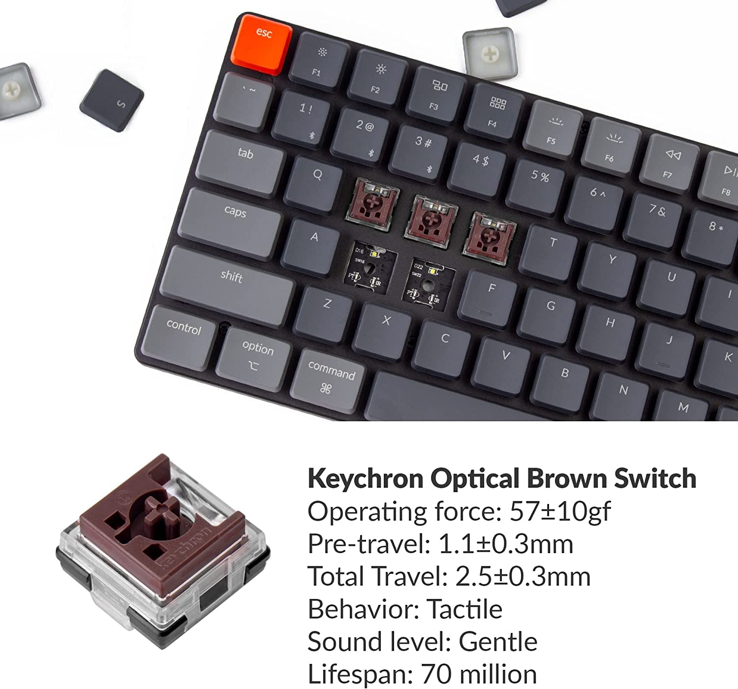 Keychron Keychron K3 Version 2 Ultra-Slim Wireless Mechanical Keyboard 75 Layout 84 Keys Hot-Swappable Optical Brown Switch for Mac Windows - View 4 of 9