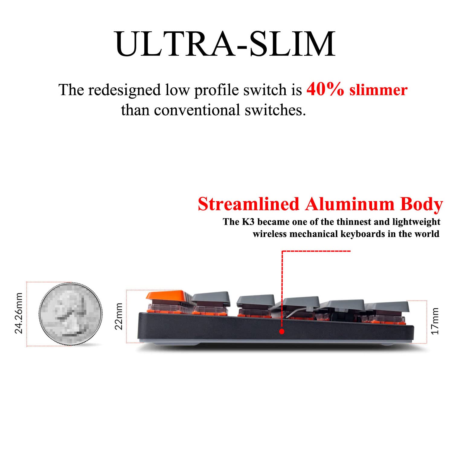 Keychron Keychron K3 Version 2 Ultra-Slim Wireless Mechanical Keyboard 75 Layout 84 Keys Hot-Swappable Optical Brown Switch for Mac Windows - View 5 of 9