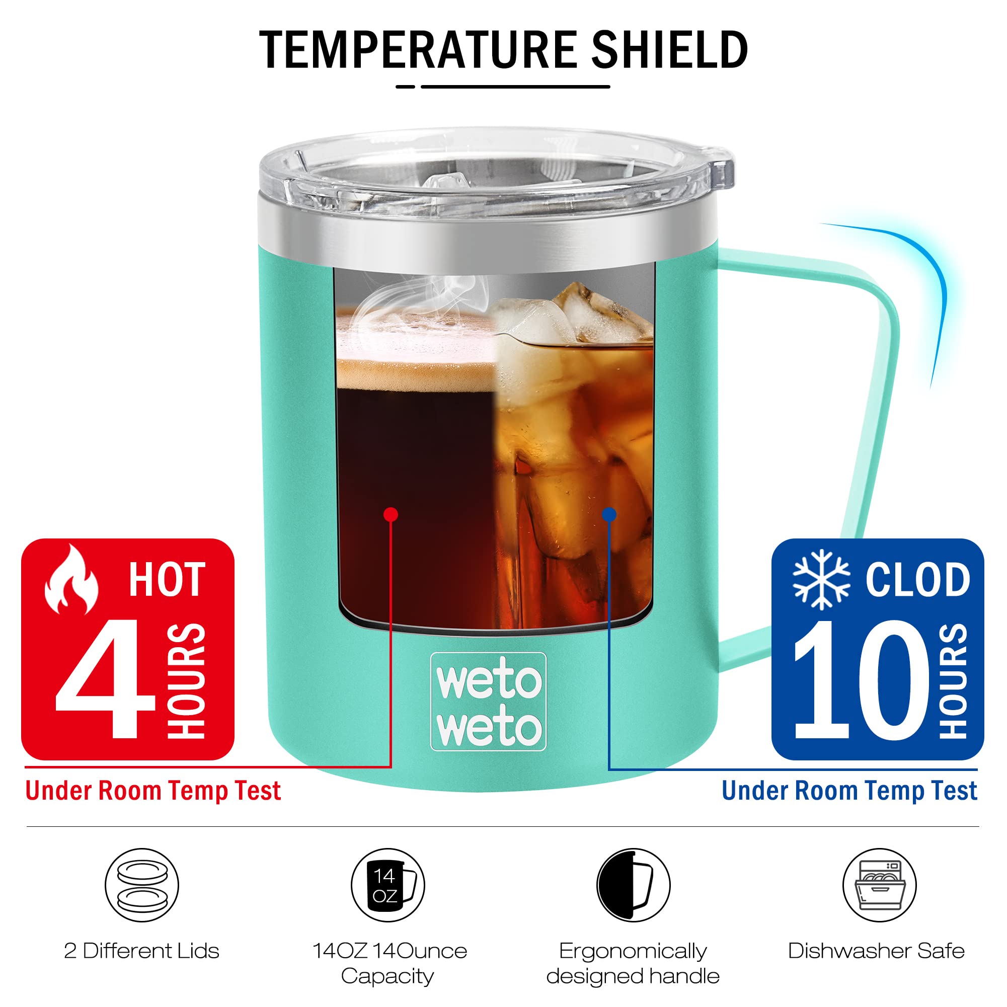 WETOWETO WETOWETO 14 oz Vacuum Insulated Coffee Mug Double Wall Stainless Steel Travel Tumbler with Lid Aquifer Blue for Outdoor Use - View 4 of 6