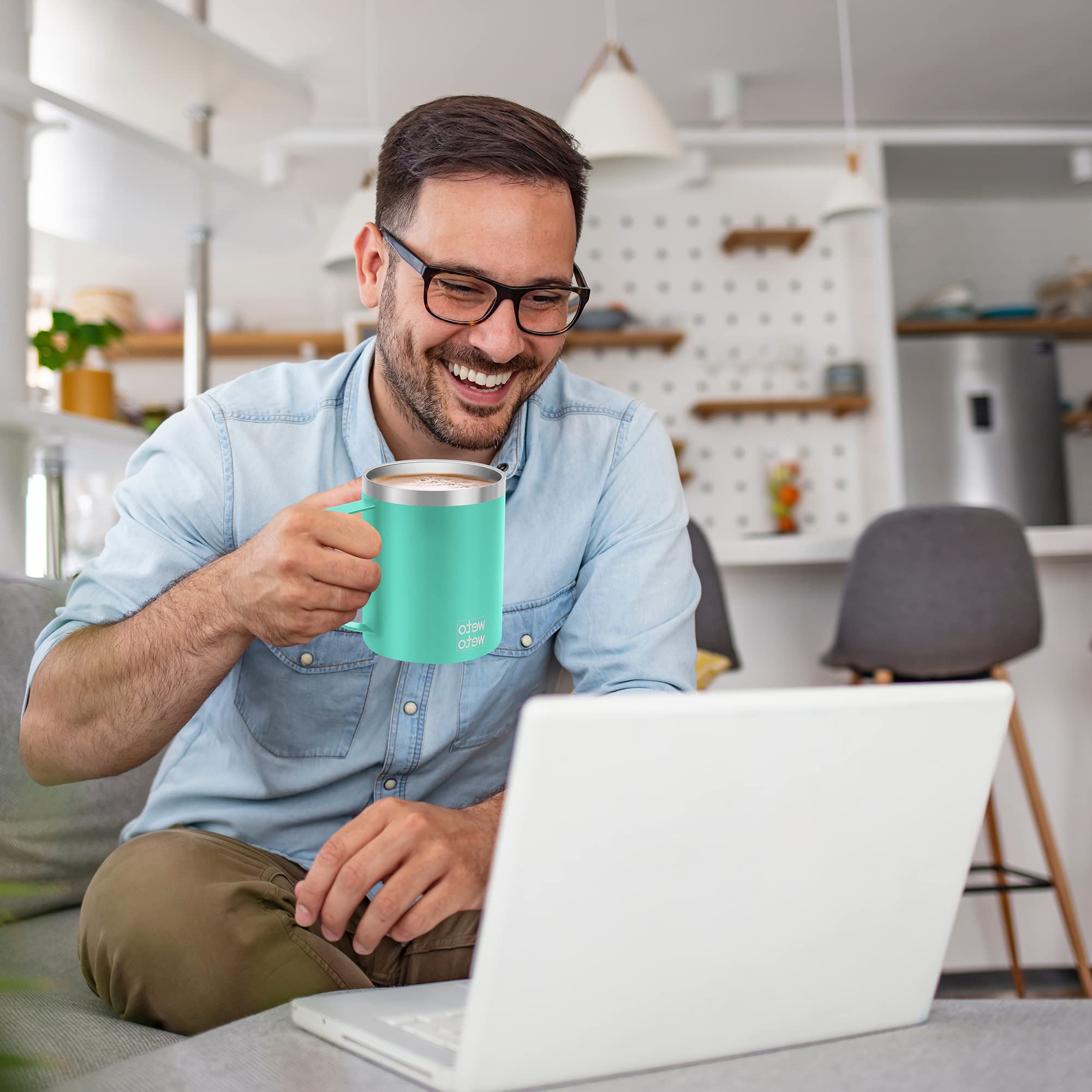 WETOWETO WETOWETO 14 oz Vacuum Insulated Coffee Mug Double Wall Stainless Steel Travel Tumbler with Lid Aquifer Blue for Outdoor Use - View 6 of 6