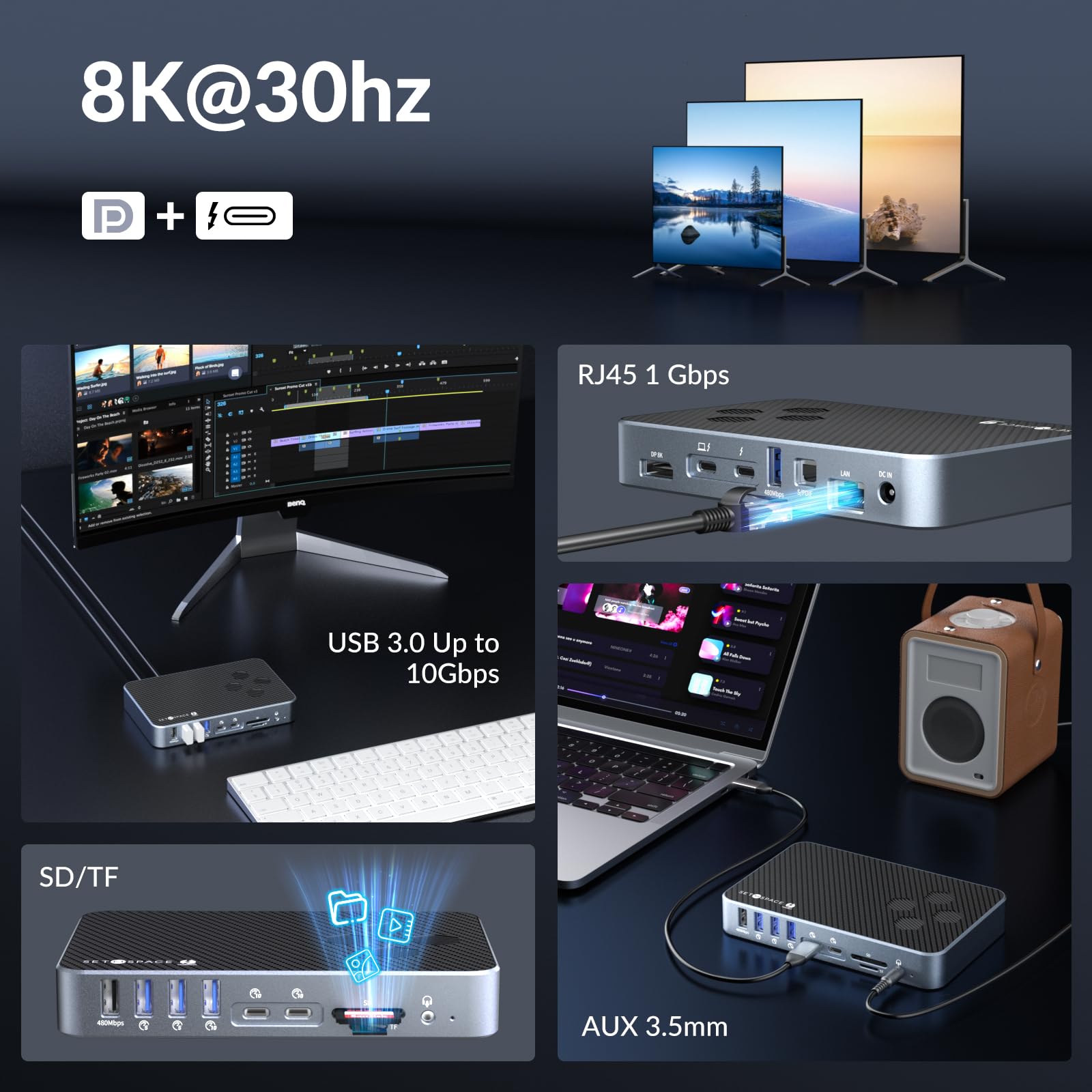 SETMSPACE 15 in 1 Thunderbolt 3 USB C Hub Docking Station with 8K Display Max 60W Charging Multiple Ports for Laptop and Accessories - View 6 of 8