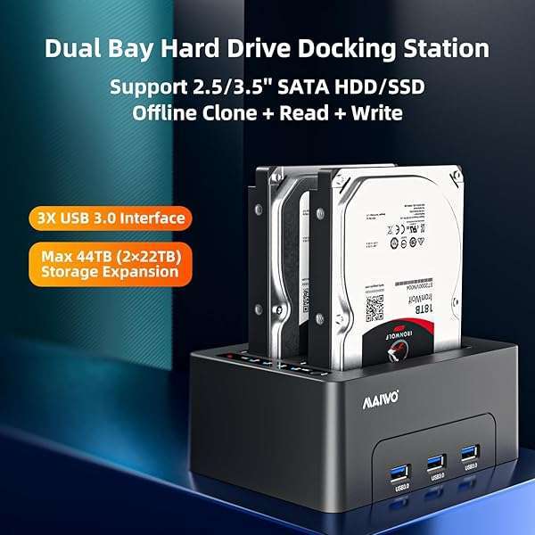 MAIWO "MAIWO Dual Bay Hard Drive Dock: Clone & Expand Storage for 2.5/3.5" SATA HDD/SSD, 44TB Capacity, 3X USB 3.0 Hub" - View 4 of 11