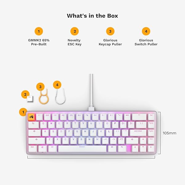 GLORIOUS Glorious GMMK 2 65% Keyboard - White Custom Layout, Low-Profile, Hotswap Cherry MX Switches & Double Shot Keycaps - View 7 of 8