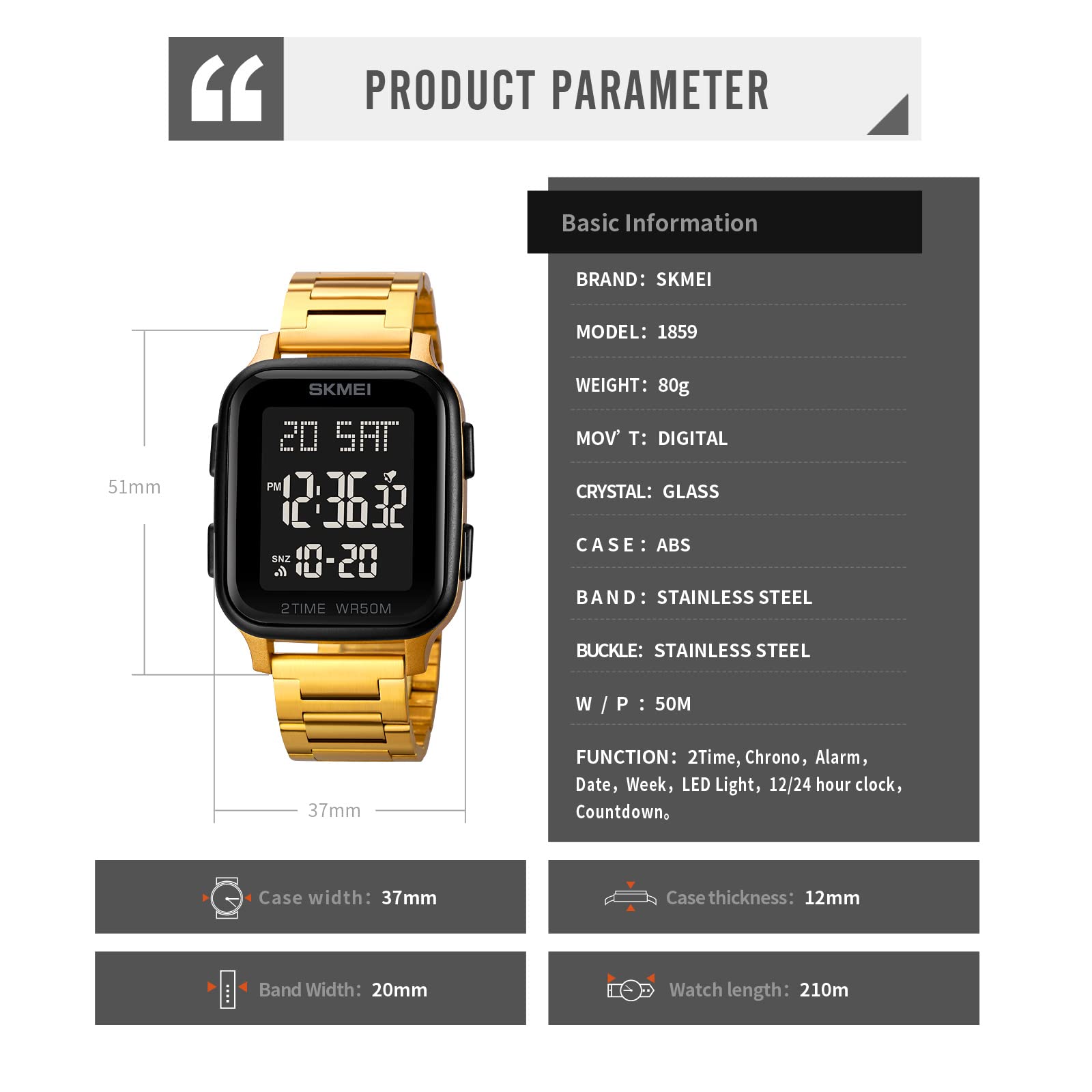 Gosasa Classic Square Face Unisex Digital Multifunction Outdoor Casual Watch 50M Waterproof LED Light Wristwatch - View 6 of 7