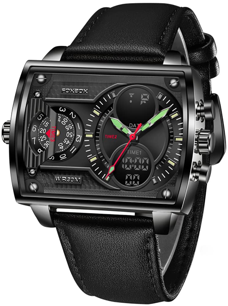 MASTOP Men's Square Dual Display Leather Strap Quartz Waterproof Sport Watch Black