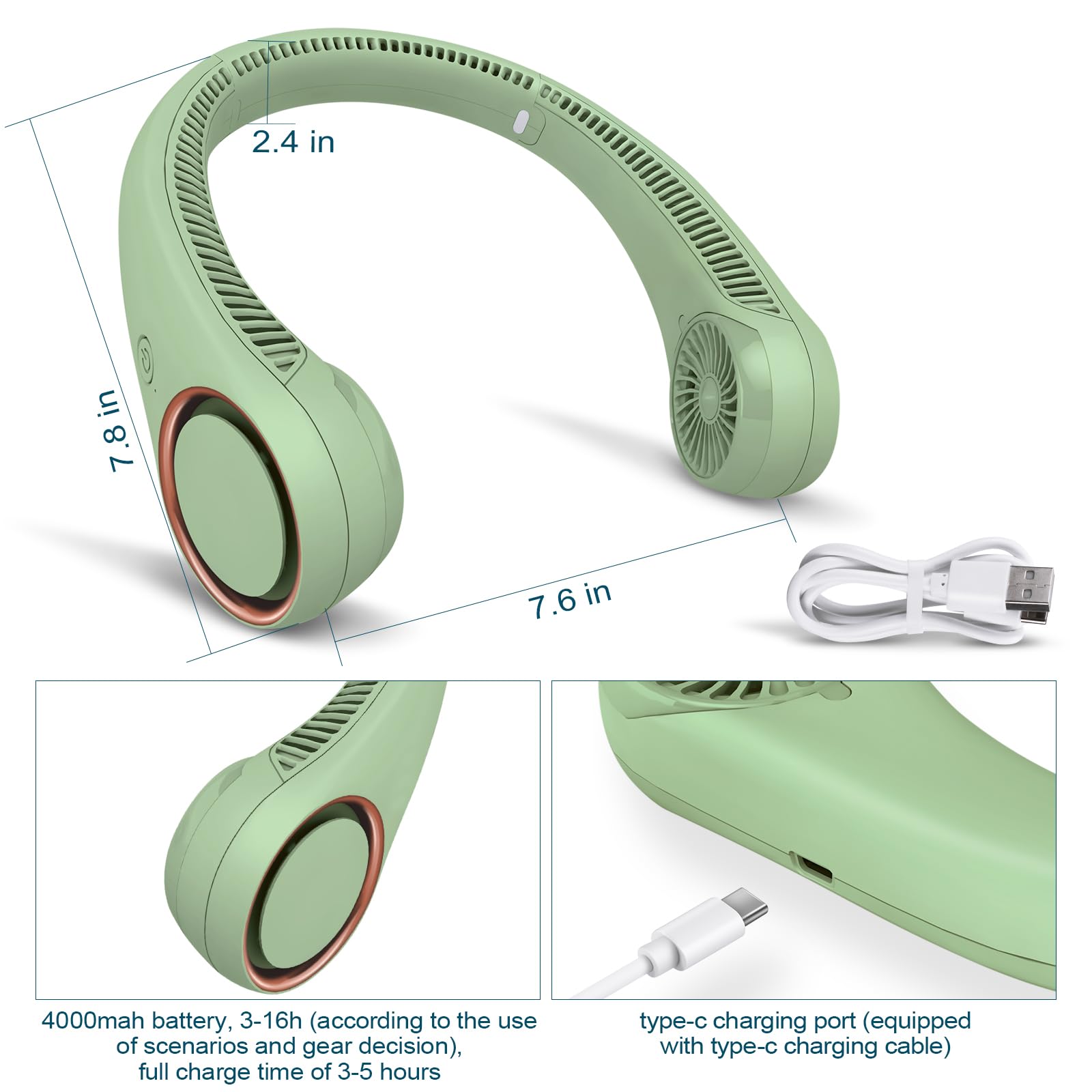 CIVPOWER Neck Fan Portable Personal Cooling Rechargeable Bladeless Hands Free 3 Speed USB Operated Wearable Design for Men Women Light Green - View 4 of 9