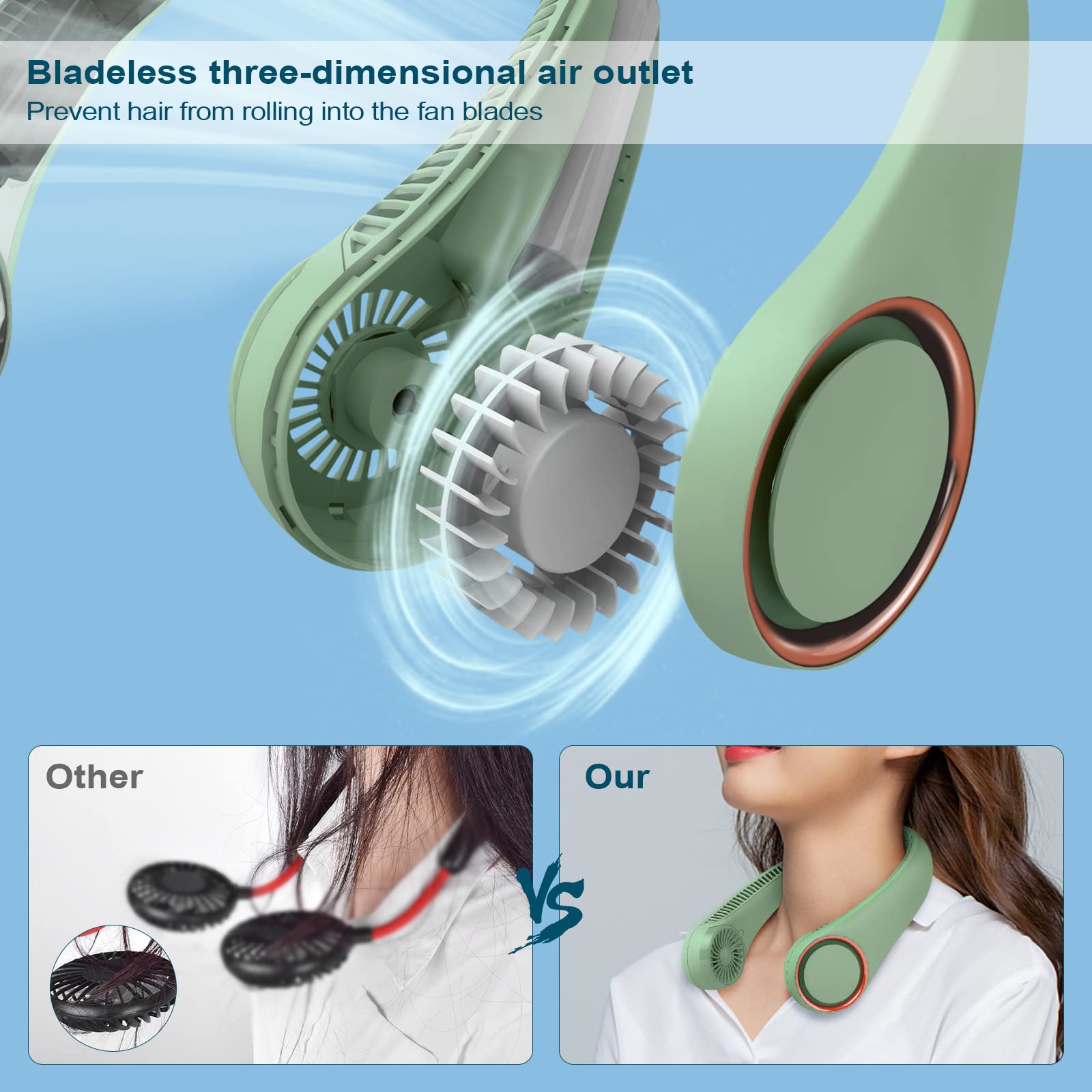 CIVPOWER Neck Fan Portable Personal Cooling Rechargeable Bladeless Hands Free 3 Speed USB Operated Wearable Design for Men Women Light Green - View 5 of 9