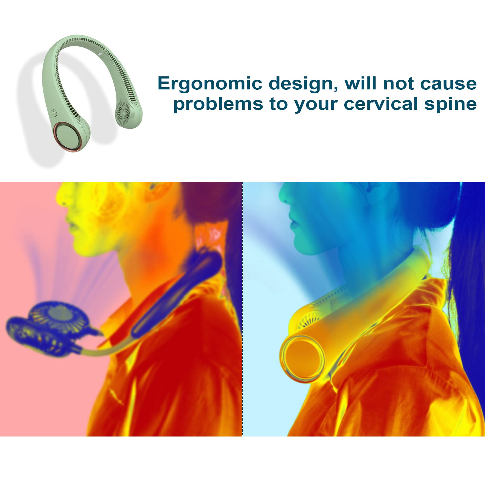CIVPOWER Neck Fan Portable Personal Cooling Rechargeable Bladeless Hands Free 3 Speed USB Operated Wearable Design for Men Women Light Green - View 6 of 9